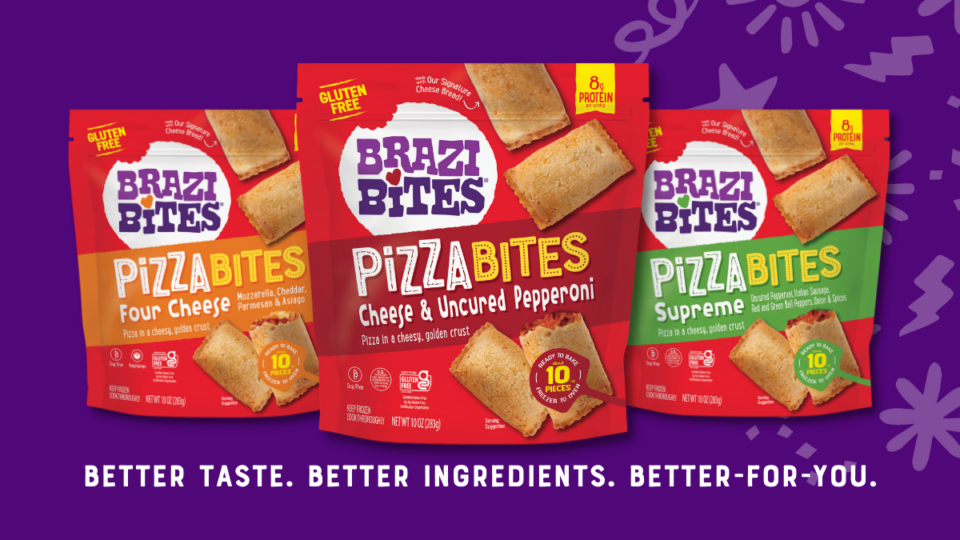 Image of three bags of pizza bites on purple background