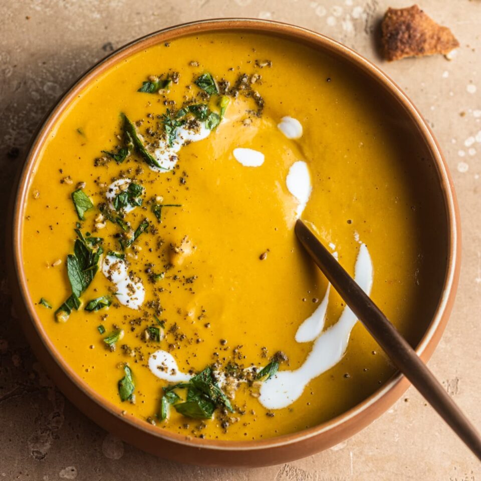 Spiced Carrot and Lentil Soup with Za'atar Pita Chips