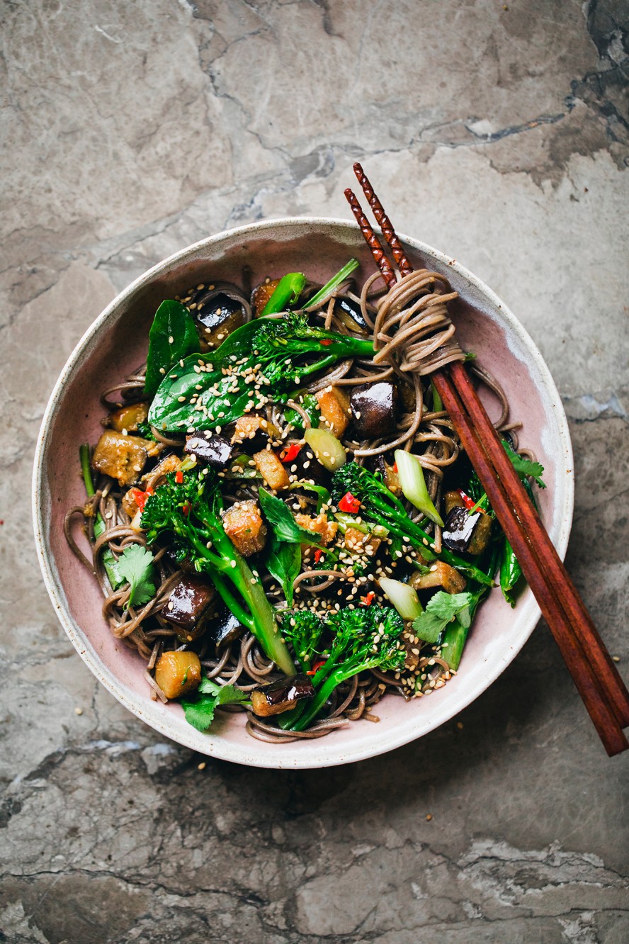 Soba Salad with Miso and Ginger Aubergine + Broccoli