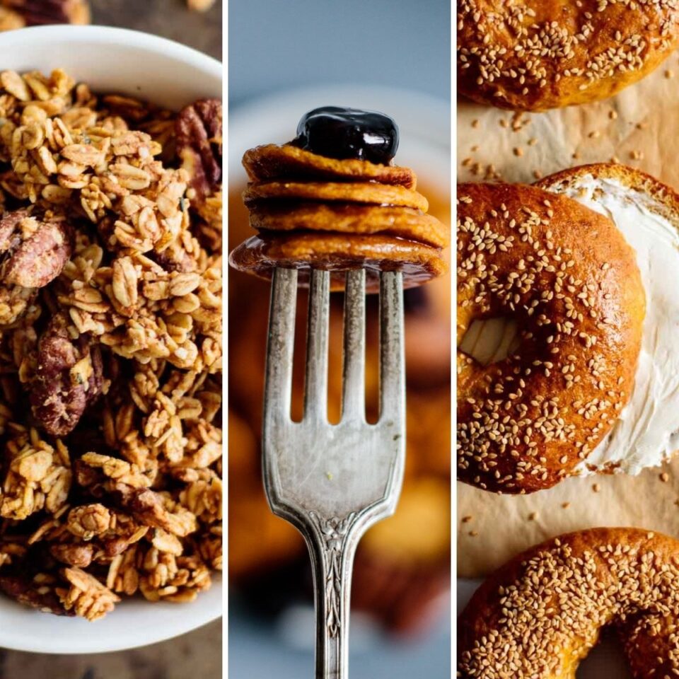 three fall breakfast options: pumpkin bagels, pumpkin pancakes and pumpkin granola