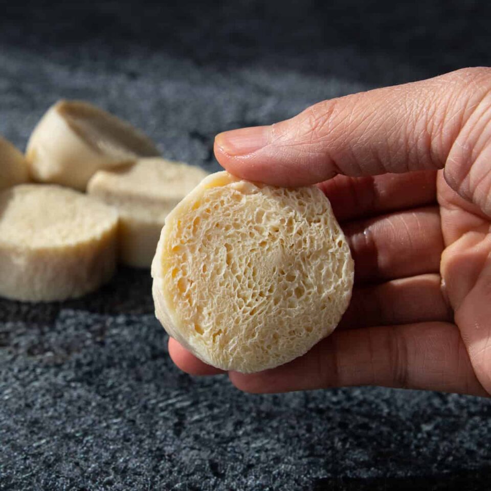 frozen silken tofu held in hand with more tofu in the background.