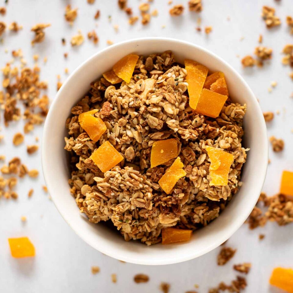 Coconut tropical granola in a bowl.