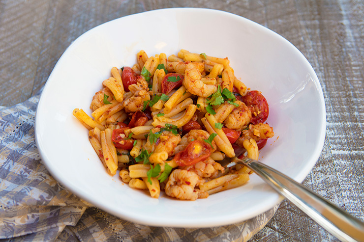 Pasta with Nduja, Shrimps, & Cherry Tomatoes