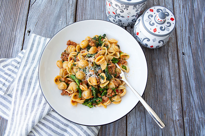 Orecchiette With Sausage, Cima di Rape, & Sun-dried Tomatoes