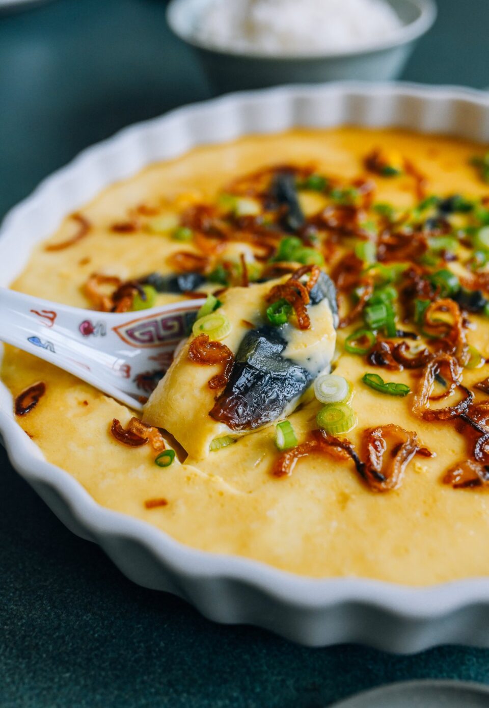 Three Color Steamed Egg with fried shallots and scallion