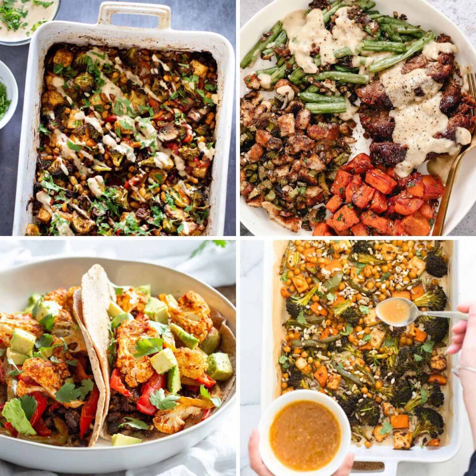 image collage of vegan sheet pan dinners