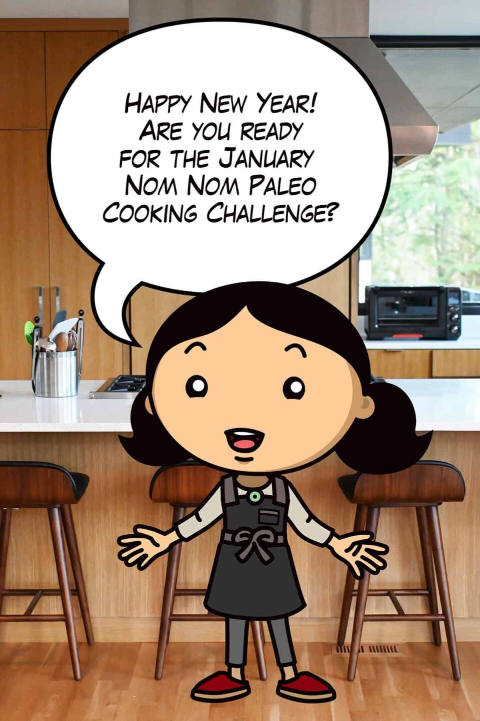 A cartoon Michelle Tam is announcing the January 2025 Nom Nom Paleo cooking challenge in a kitchen.