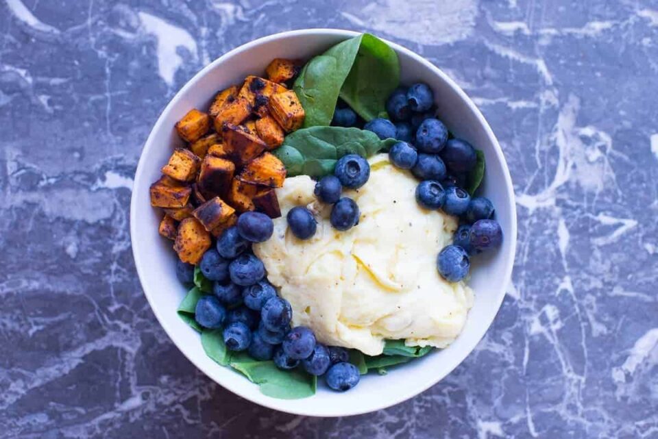 Breakfast Power bowl with eggs, blueberries, roasted sweet potatoes recipe by foodology geek