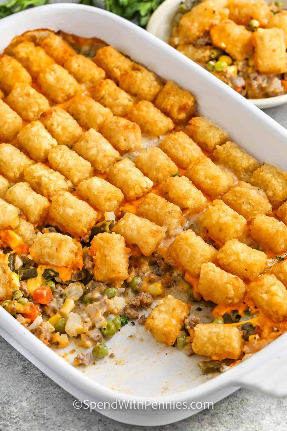 cheesy Classic Tater Tot Casserole in a casserole dish