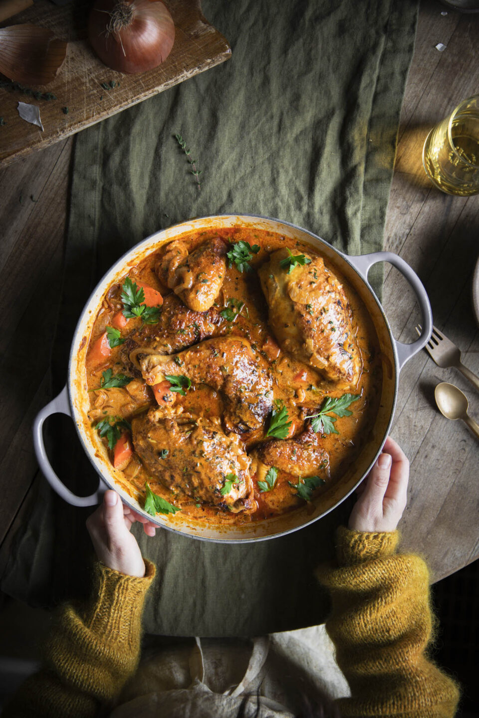 Creamy Braised Chicken with Carrots, Thyme, and Wine