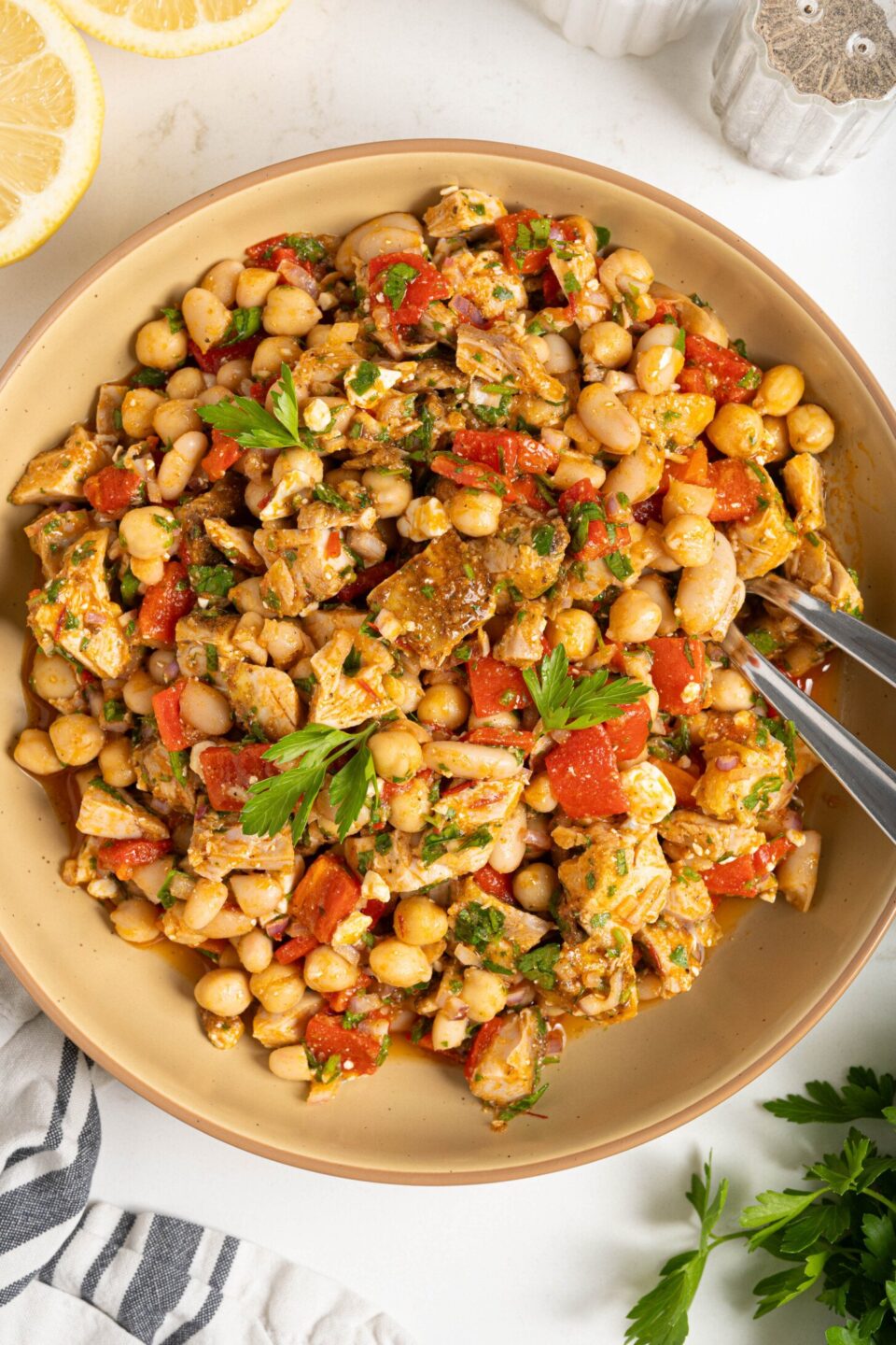 A bowl of Moroccan dense bean salad.