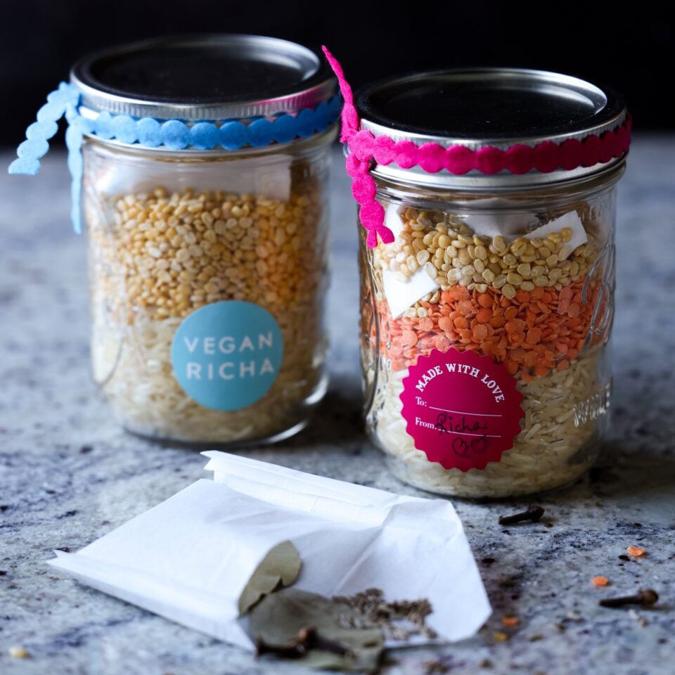 jars of khichdi mix with the spice pouch next to them