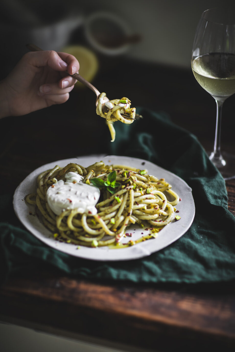 Spinach and Basil Pasta with Burrata and Chili