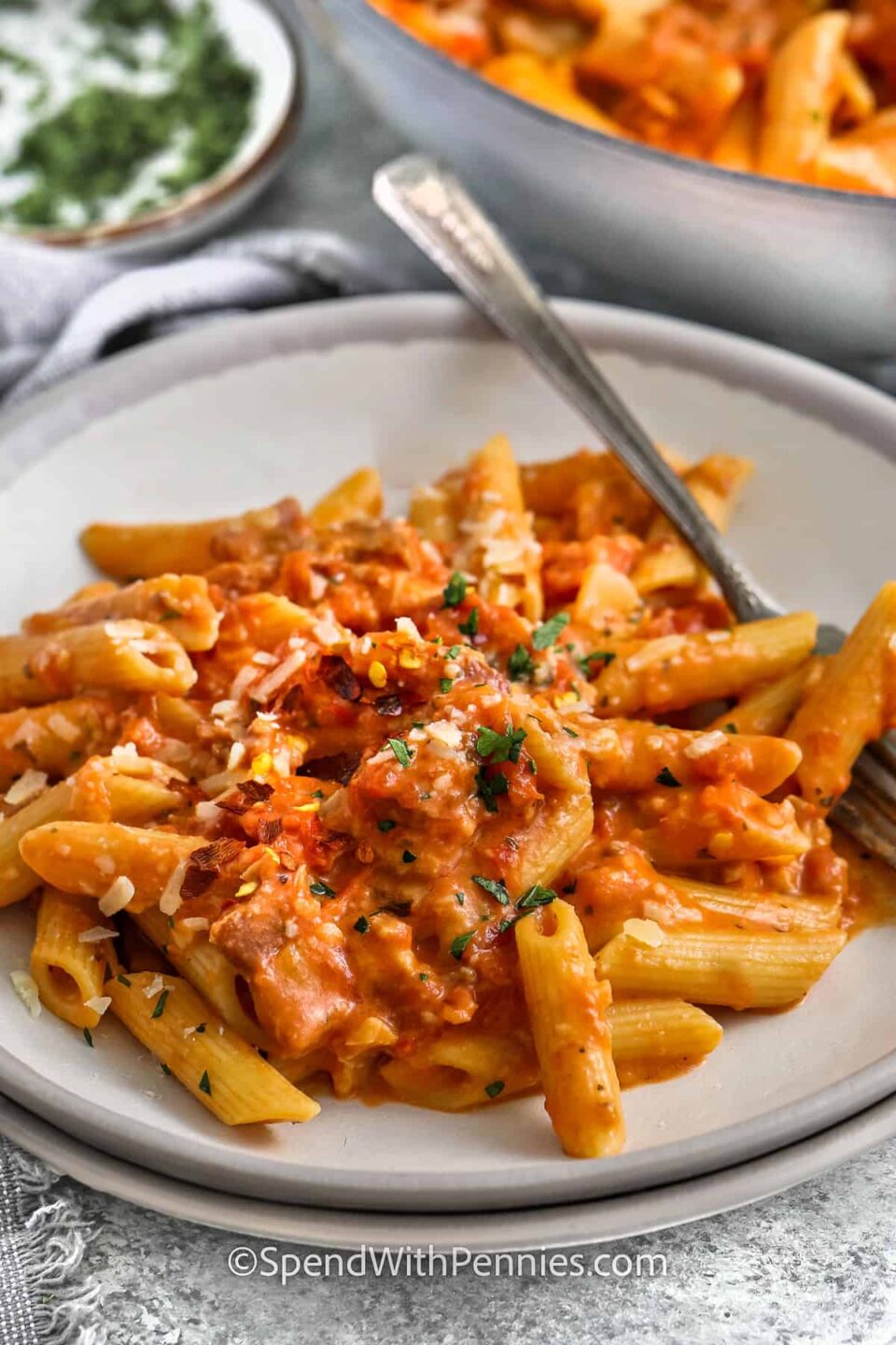 plated Penne alla Vodka with a fork