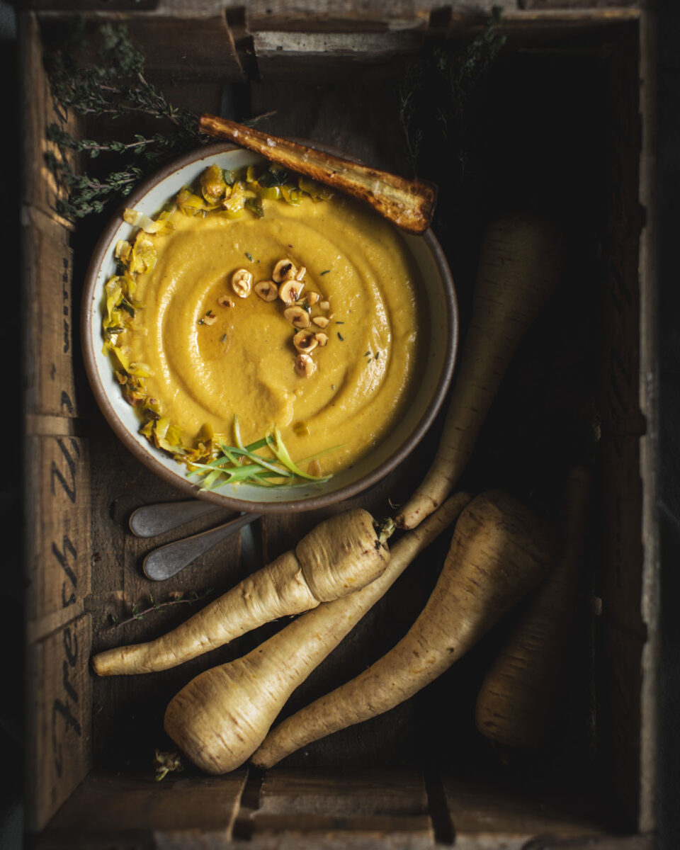 Roasted Parsnip Soup with Caramelized Leeks