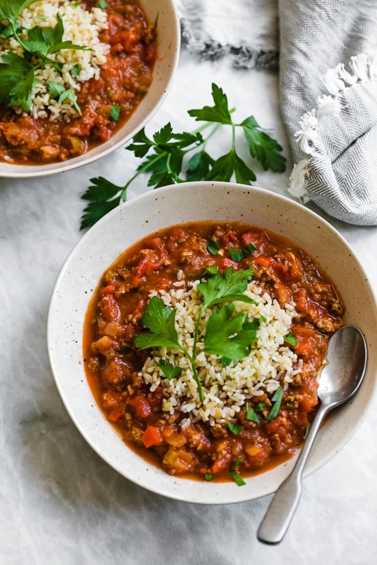 Bowl of hearty stuffed pepper soup with rice