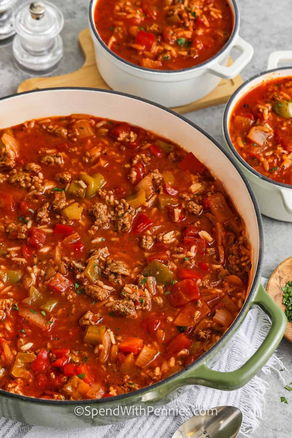 Stuffed Pepper Soup cooked in the pot and in bowls