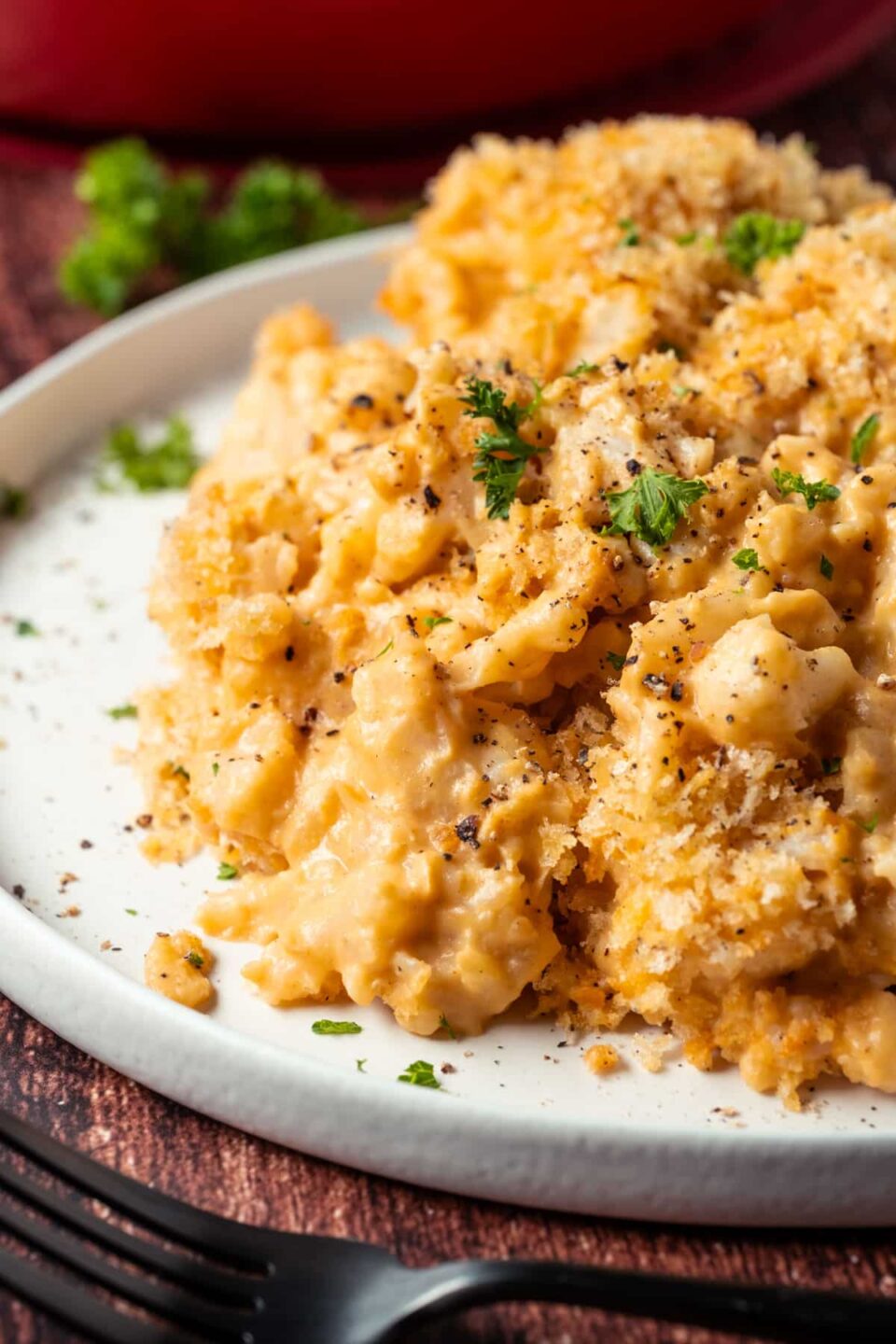 Vegan Cauliflower Mac And Cheese dished up on a white plate.