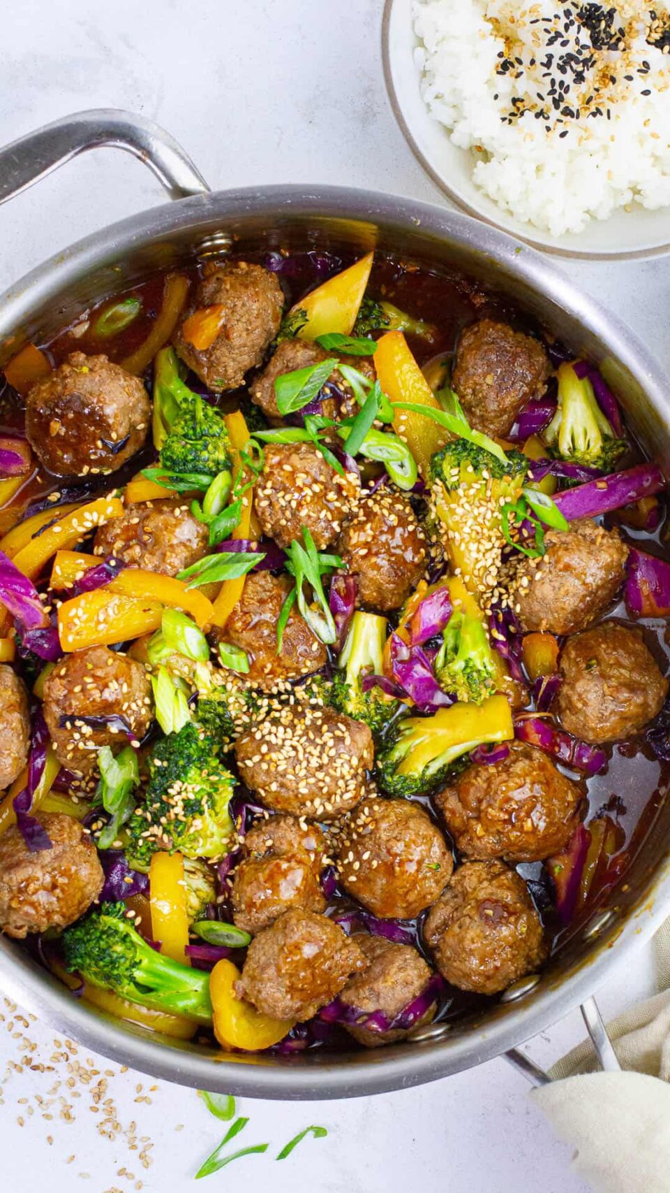 Top view of beef meatball stir fry.