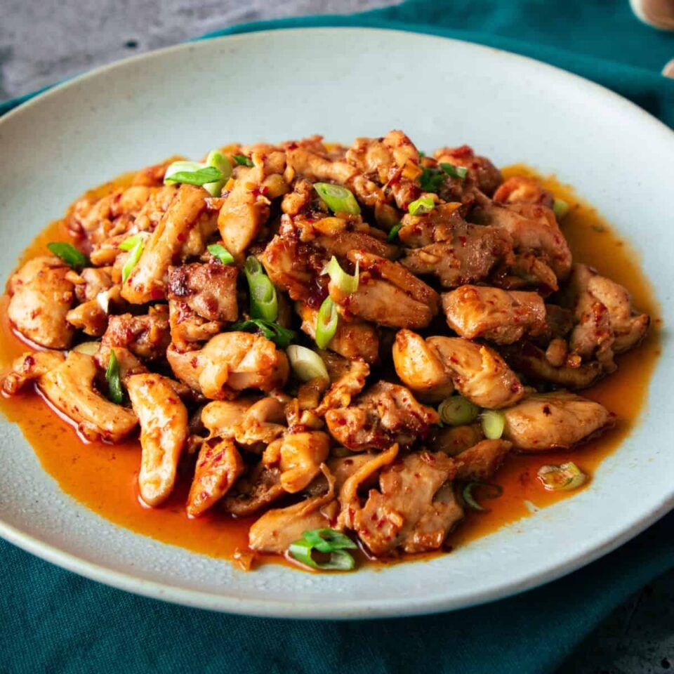 a plate of chili garlic chicken