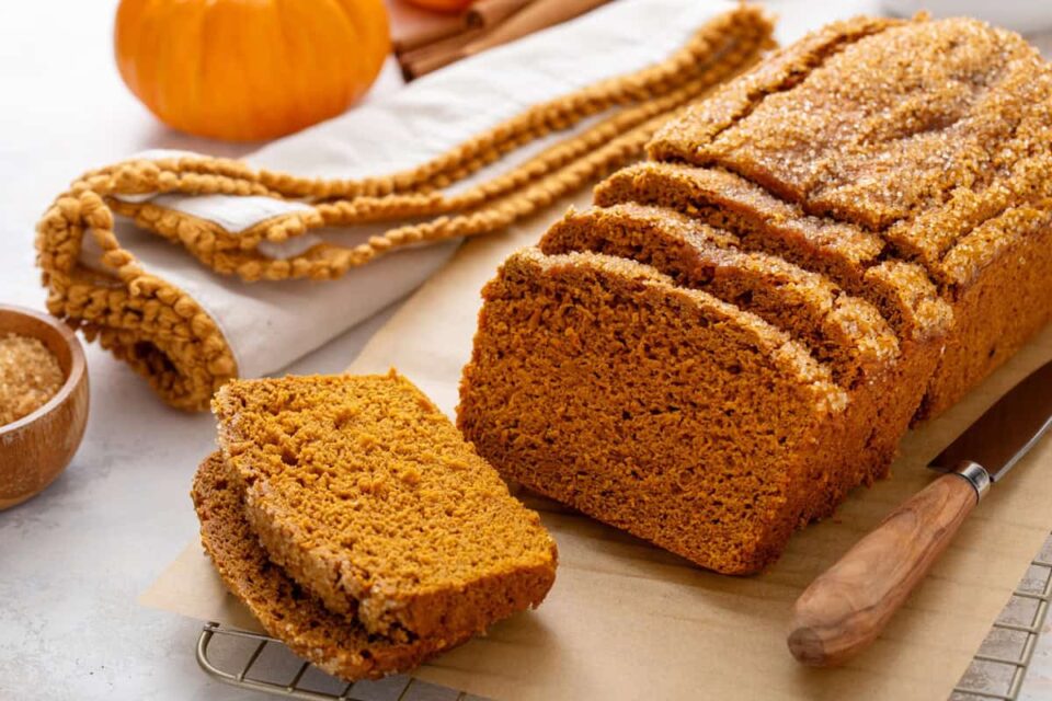 Sliced loaf of 2-ingredient pumpkin bread on a piece of parchment paper.